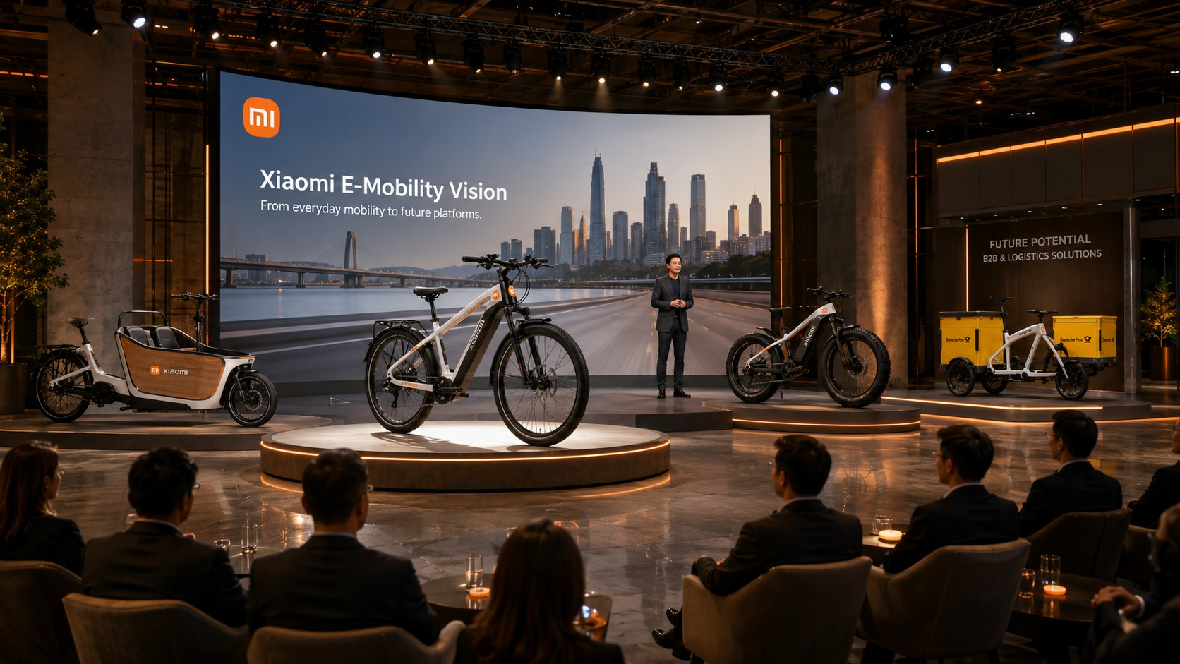 Bühne mit Xiaomi E-Bikes — E-Mobility Vision